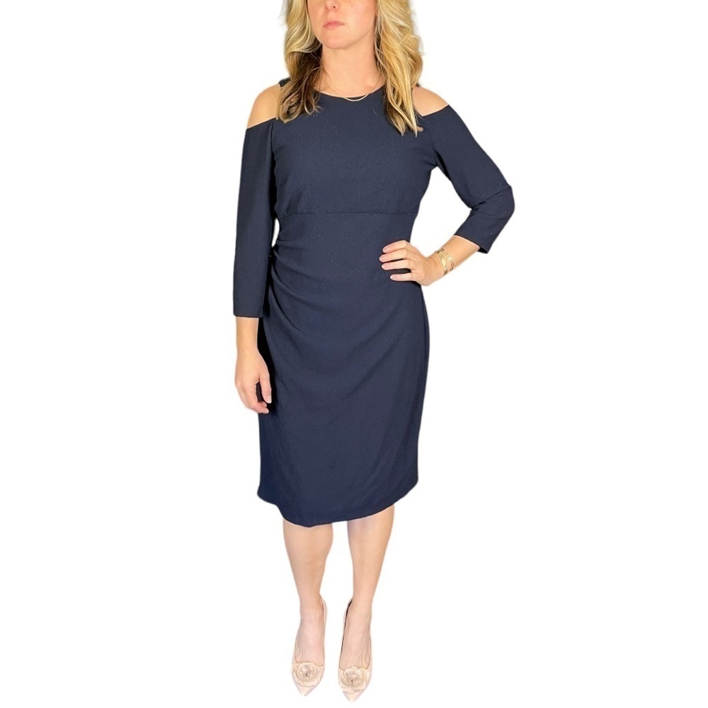 DAVID MEISTER BLUE COLD SHOULDER GATHERED HIP KNEE LENGTH 3/4 SLEEVE DRESS